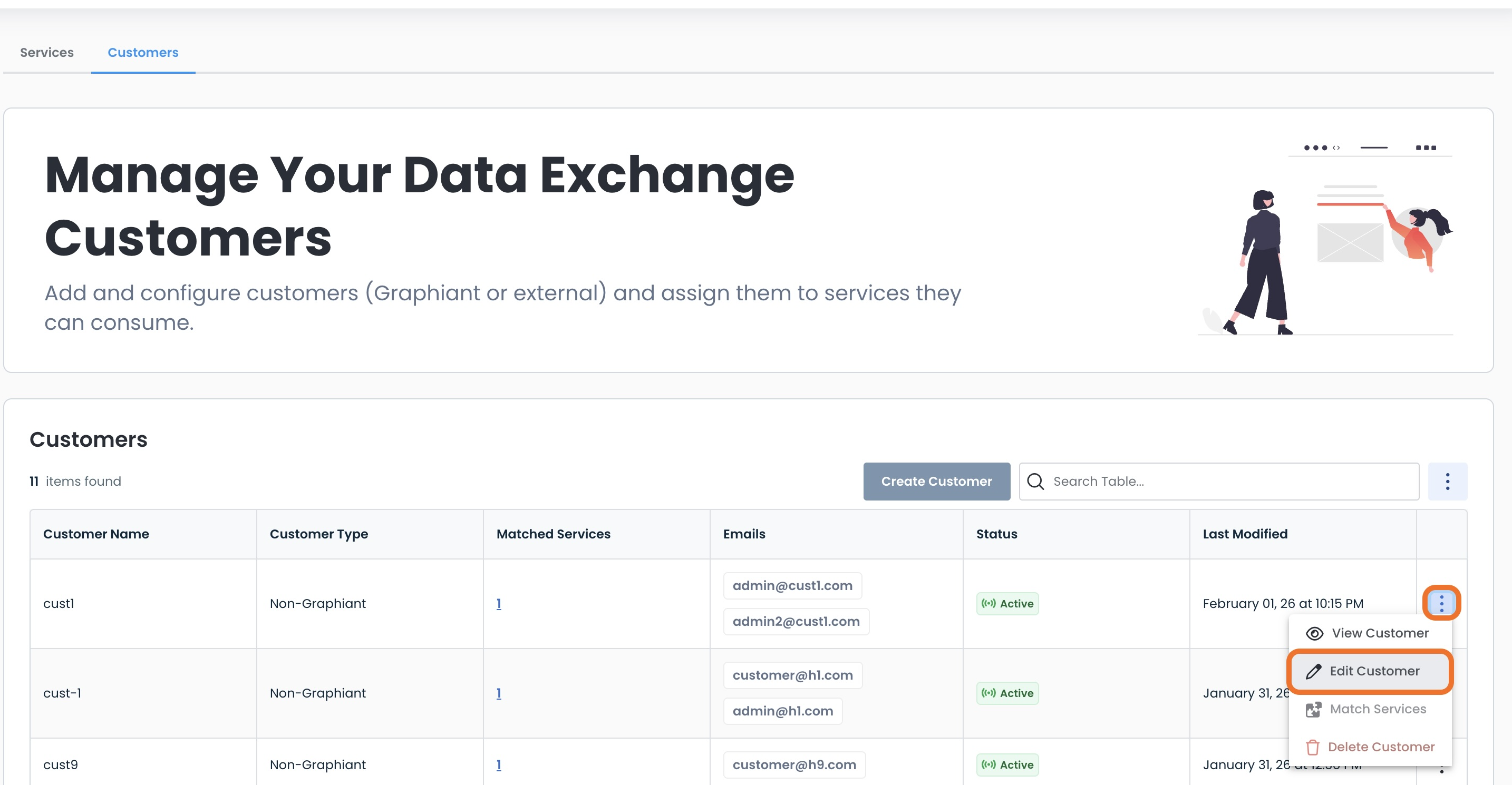 Manage Data Exchange Customers with options to edit, view, and delete customer details.
